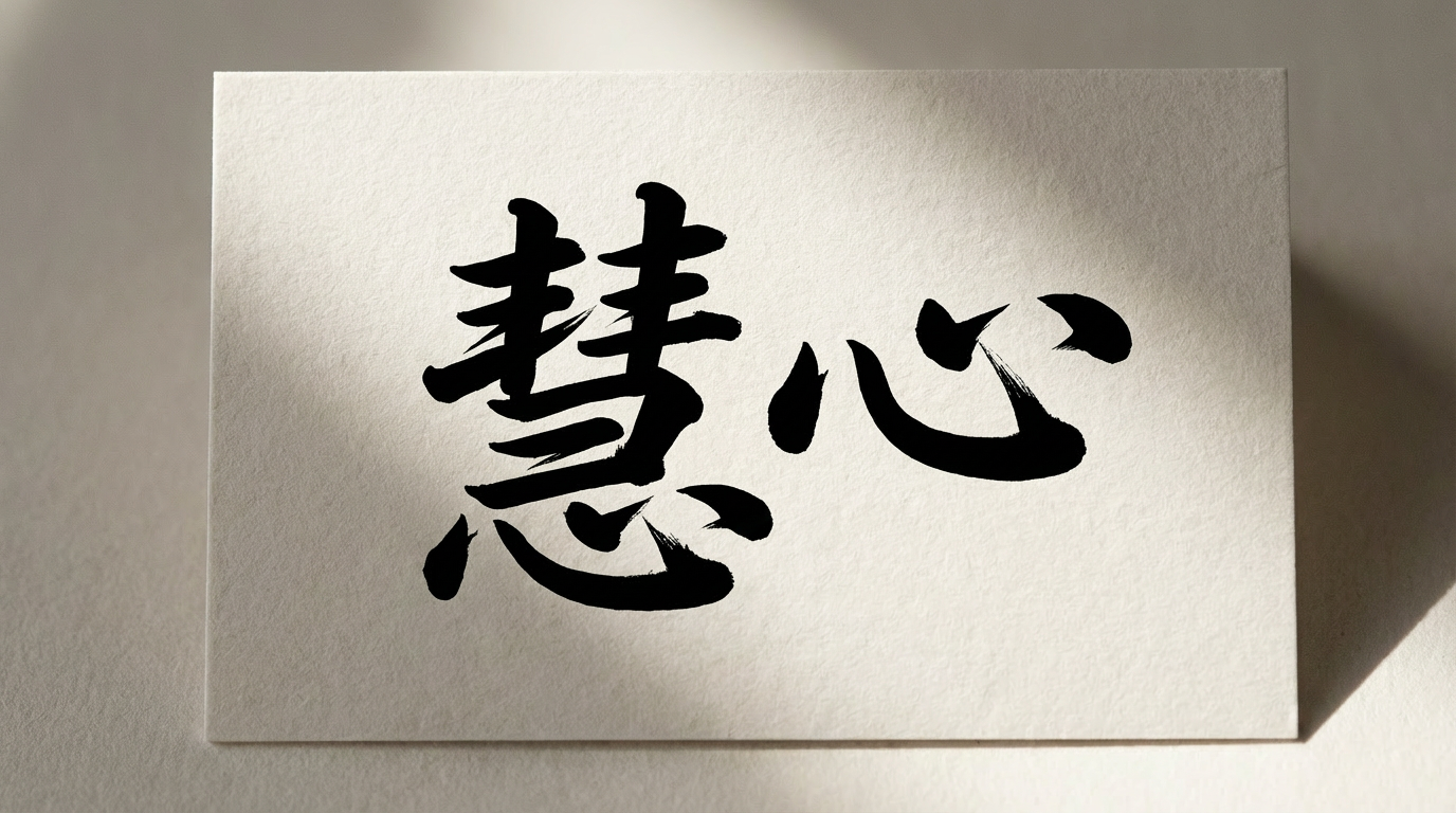 Black ink calligraphy of the Chinese characters "慧心" centered on a white textured card.
